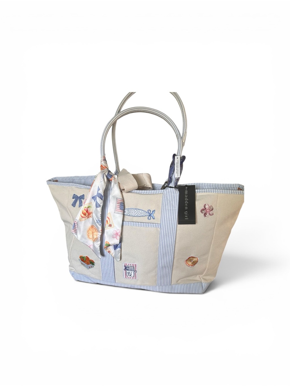 Madden Girl Cream Canvas Tote with Light Blue Trim and Floral Scarf